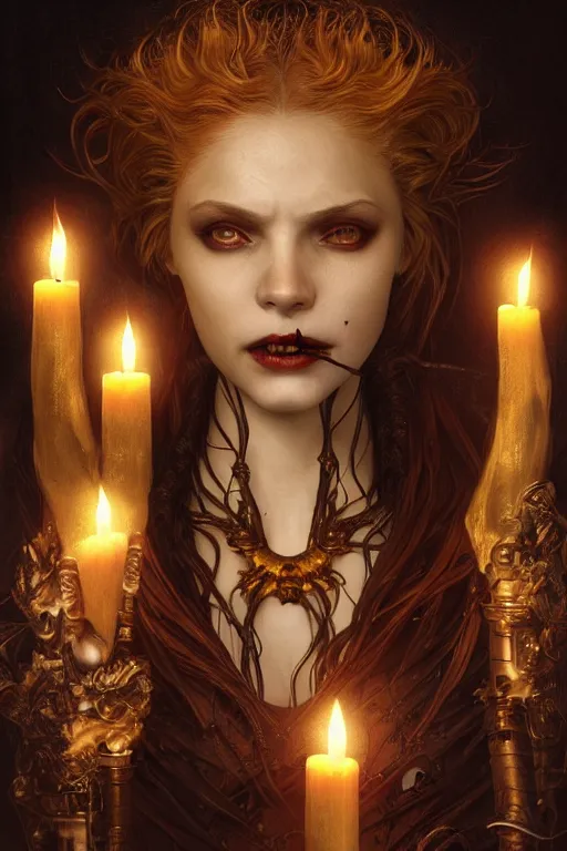 Image similar to portrait of a female vampire, intricate, dystopian terror, fangs, extremely detailed, digital painting, candles, sculpted in zbrush, artstation, concept art, smooth, sharp focus, illustration, chiaroscuro lighting, golden ratio, rule of thirds, fibonacci, incredible art by Stanley Artgerm Lau and Greg Rutkowski, composition by Alphonse Mucha and Simon Stalenhag