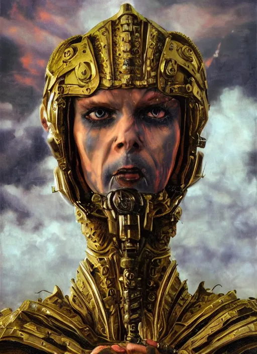 Image similar to symmetry! middle closeup chamber portrait of a biblical diabolical pirate!! girl! stylish cyborg armor, heavy eyes to the side, closeup, bright glowing eyes, in clouds, rain, sunset, by gerald brom, by mikhail vrubel, by peter elson, muted colors, extreme detail, mirrors, trending on artstation, 8 k