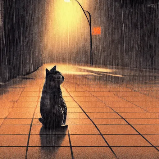 Image similar to a cute orange tabby cat on a sidewalk, it is night and raining, street lamps are illuminating the street, moody lighting, peaceful atmosphere, digital art, highly detailed, high contrast, beautiful lighting, award winning, trending on art station, 8 k,