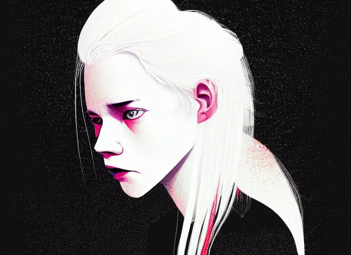 Prompt: portrait of a young girl with white hair colorful, illustration by Mads Berg and Karolis Strautniekas,small finely stippled light, dramatic lighting,fine texutre, editorial illustration, detailed,katsuhiro otomo, dynamic composition,moody, cinematic, film grain,manga, gradients, smooth