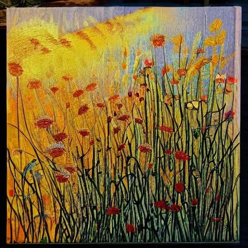 Image similar to weaved wildflowers seem to cover nearly every inch of the canvas. they look golden in the sunshine and seem to stretch down towards a slumbering cat. a large black crow is perched upon the cats back