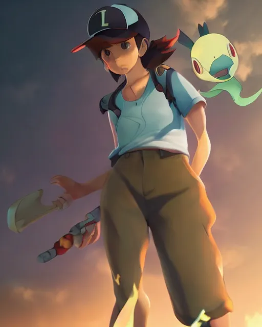 Prompt: a female pokemon trainer, full shot, perfectly shaded body, atmospheric lighting, detailed face, by makoto shinkai, stanley artgerm lau, wlop, rossdraws