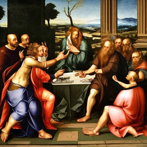 Prompt: renaissance painting of philosophers having a discussion with batman in the middle of a round table, crowd are gathering in awe, there are two dead tree in the background, one white orchid in vase above a fireplace at the edge of the painting, slight smokes from the fireplace are filling up the painting, golden ratio, rule of third