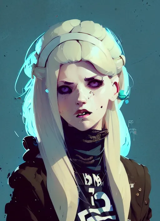 Image similar to highly detailed closeup portrait of a sewer punk female thief, tartan vestments, blonde hair by atey ghailan, by greg rutkowski, by greg tocchini, by james gilleard, by joe fenton, by kaethe butcher, gradient, blue, black, brown and cream color scheme, grunge aesthetic!!! white graffiti tag wall background