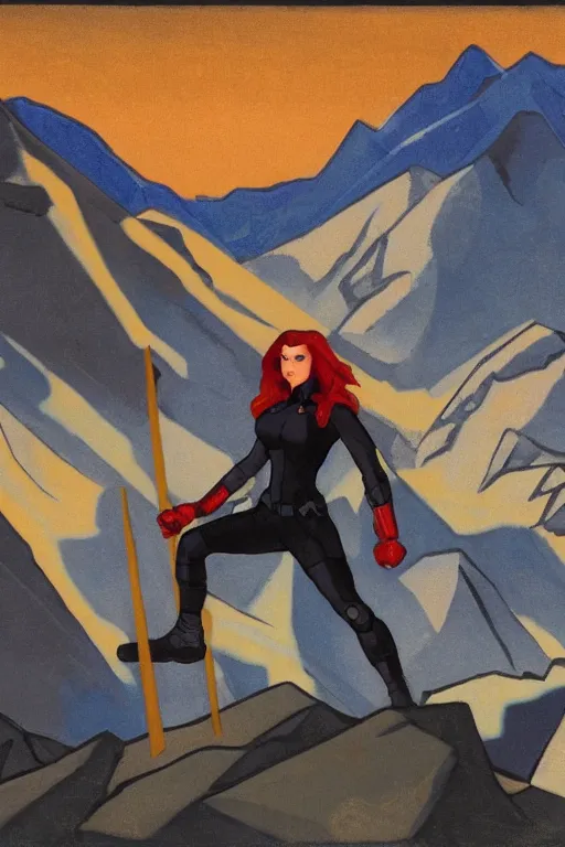 Image similar to black widow ( natasha romanova ) on mountains, marvel, artwork by nicholas roerich,