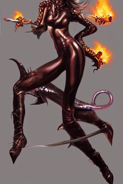 Image similar to a realistic airbrush painting of a nice looking girl with beautiful forms and skin-tight shiny leather leggings fighting a giant, flames spitting dragon with her sword, in style by hajime sorayama and boris vallejo, trending on artstation, 4K