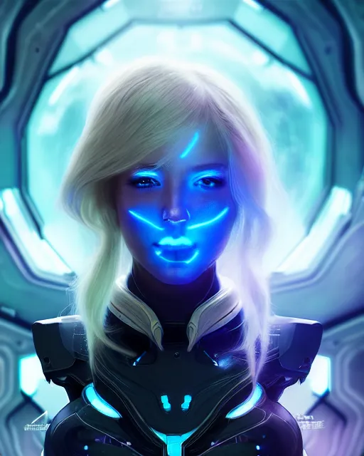 Image similar to perfect android girl on a mothership, warframe armor, beautiful face, scifi, futuristic, galaxy, nebula, bae suzy, dreamy, long white hair, blue cyborg eyes, sharp focus, cinematic lighting, highly detailed, artstation, divine, by gauthier leblanc, kazuya takahashi, huifeng huang