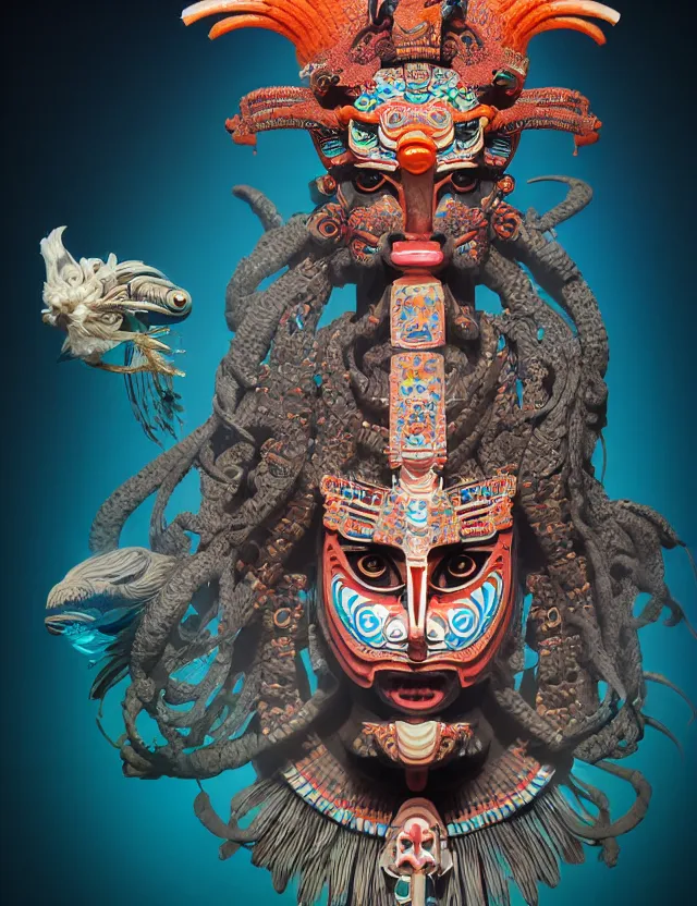 Image similar to 3 d goddess close - up profile portrait aztec with ram skull. beautiful intricately detailed japanese crow kitsune mask and clasical japanese kimono. betta fish, jellyfish phoenix, bio luminescent, plasma, ice, water, wind, creature, artwork by tooth wu and wlop and beeple and greg rutkowski