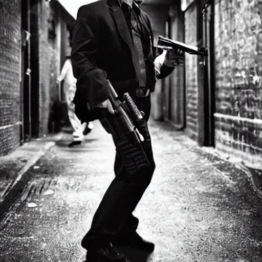 Image similar to “Ben Shapiro as a gangster with gun in hand, 4K, Dark alley way, gloomy lighting, award winning photo”