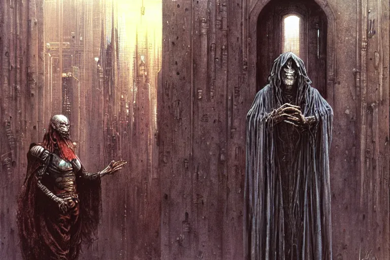 Image similar to medieval wizard in cybercity by luis royo and wayne barlowe, beksinski