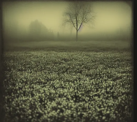 Image similar to black box on the field flowers, by Andrei Tarkovsky, mist, forest, lomography photo effect, monochrome, 35 mm