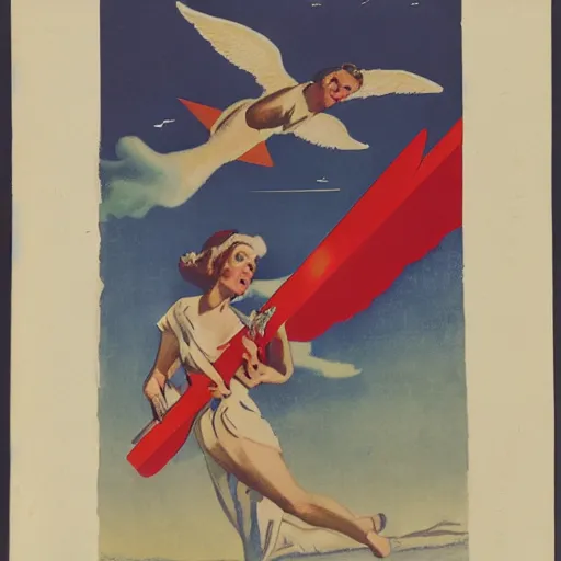 Image similar to wartime propaganda piece featuring an angel holding a flaming sword, flying in the sky
