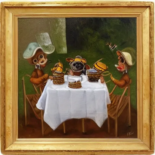 Prompt: bees wearing hats, having a tea party, oil painting