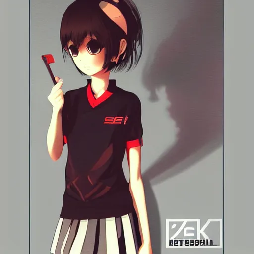 Prompt: shirt art, logo graphic design, frame around picture, manga style, realistic lighting, futuristic solid colors, made by ilya kuvshinov, sold on sukebannyc, from arknights, girl, elegant, round eyes, sport clothing, sneaker shoes, simple red background