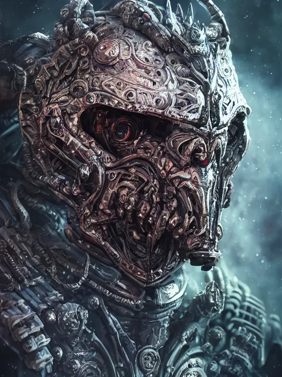 Prompt: portrait art of 8k ultra realistic undead space marine werewolf king, ornate intricate smashed galaxy helmet , detailed intricate ornate armour,blade runner, cybernetic, full of colour, cinematic lighting, battered, trending on artstation, 4k, hyperrealistic, focused, extreme details,unreal engine 5, cinematic, masterpiece, art by ayami kojima, giger