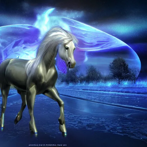 Image similar to cyber horse in the spirit realm, ice, cosmic, octane render, digital painting, award winning photograph