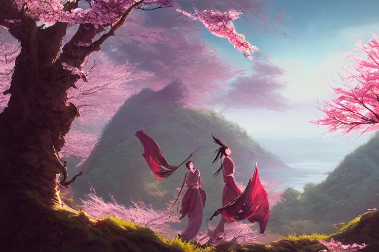 Image similar to wuxia, dragon, cherry blossoms, unreal engine, fantasy art by greg rutkowski, loish, rhads, ferdinand knab, makoto shinkai and lois van baarle, ilya kuvshinov, rossdraws, tom bagshaw, global illumination, radiant light, detailed and intricate environment