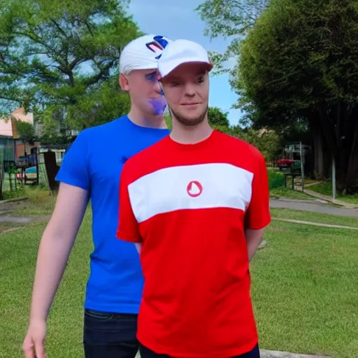 Image similar to a full body shot of an average white, short young - adult man with blue dyed hair holding a microphone, wearing a red backwards cap, white t - shirt with a red no symbol on it, blue long pants and red shoes