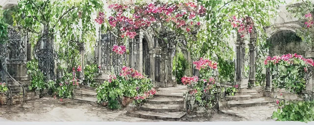 Image similar to wide angle, stairway, chairs, wrought iron gates, tree, delicate water in a botanic garden, garden road, temple in a botanical herbarium paper, watercolor colored painting, iridescent colors, realistic shaded, fine details, artstation, italian style, colonnade, huge flowers, architecture