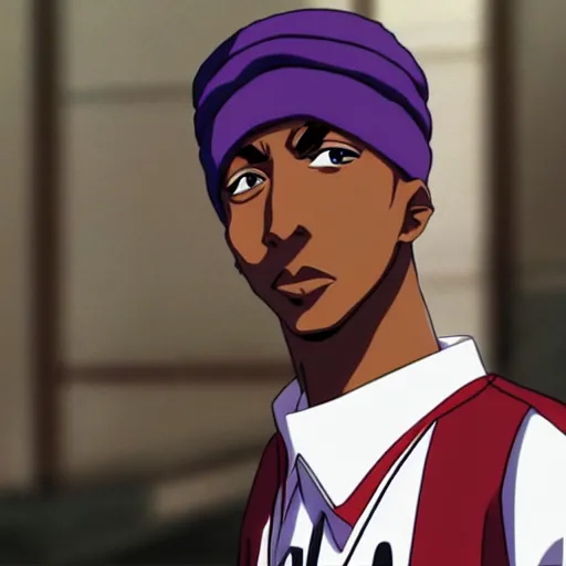 Image similar to Tupac Shakur, screenshot from a 2012s anime, anime