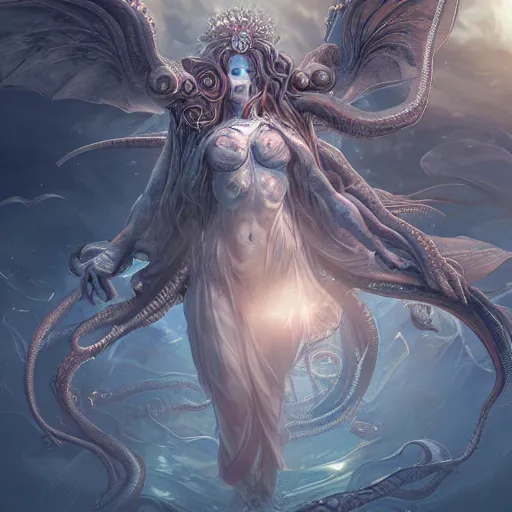 Prompt: Fallen Mother Goddess，hyper detailed, character concept, Cthulhu,lfull body, dynamic pose，intricate, lineart, cerpuscular rays, by yoshitaka amano, WLOP
