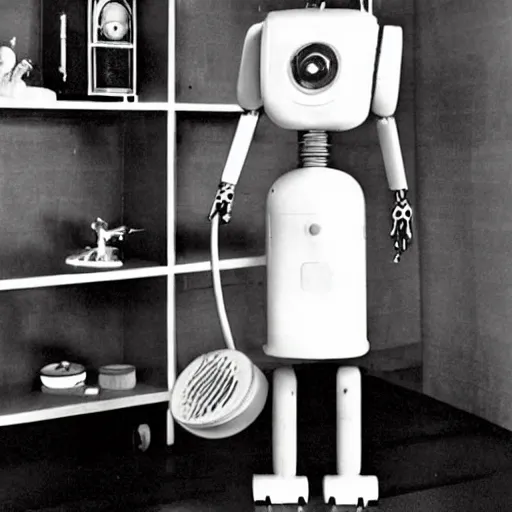 Image similar to fifties robot helps clean the house, domestic android, googie aesthetics