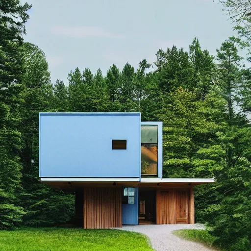Prompt: architecture ad for a mid-century modern house in the middle of the wood designed by bjarke Ingels. grain, cinematic, colorized, blue hue