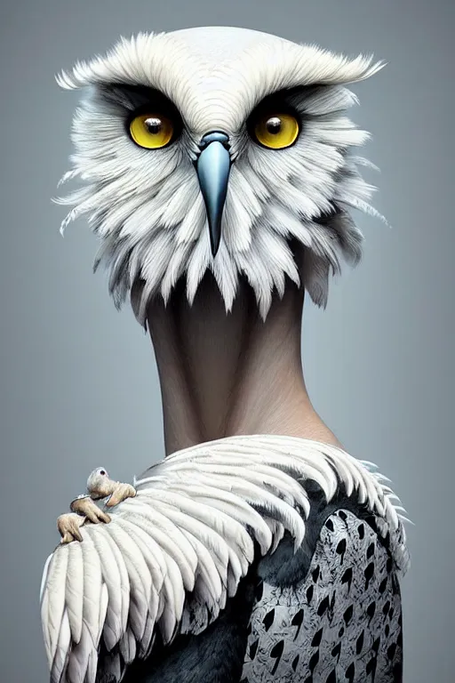 Prompt: epic professional digital art of female human - white - rumped vulture hybrid animal wearing air force jumpsuit, feathered head, owl beak, painting, by lisa roet, reyna rochin, iris van herpen, leesha hannigan, artstation, cgsocietywlop, epic, much wow, much detail, gorgeous, detailed, cinematic, masterpiece