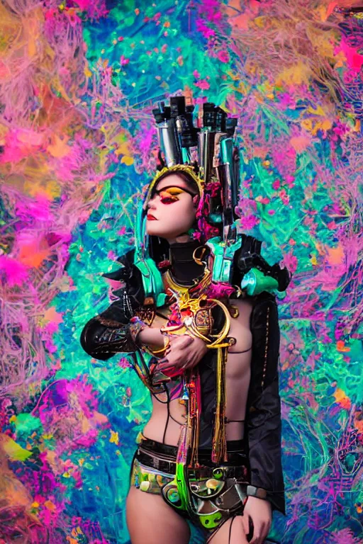 Image similar to antediluvian steppe magical girl wearing cybernetic floral valentino, cyberpunk steppe market background, bright cinematic fashion photography