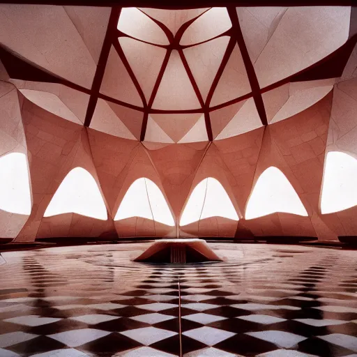 Image similar to interior of a futuristic lotus temple space station with gold, red and white marble panels, by buckminster fuller and syd mead, intricate contemporary architecture, photo journalism, photography, cinematic, national geographic photoshoot