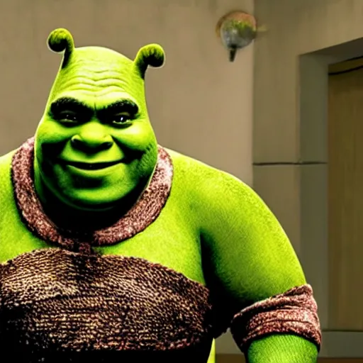 Prompt: photo of shrek wearing a shrek costume while playing the role of shrek in the movie shrek ( 2 0 0 1 )