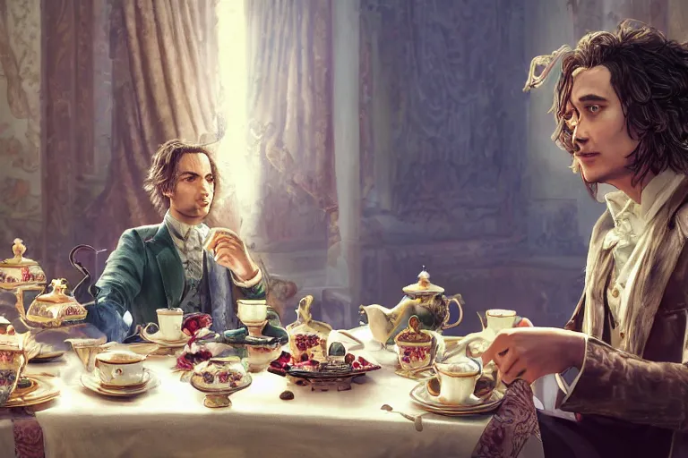 Prompt: frank dillane having a fancy tea party, beautiful, grand, wistful, digital painting, extremely detailed, sharp focus, bright colors, octopath traveler, unreal engine 5 highly rendered, global illumination, radiant light, highly detailed face