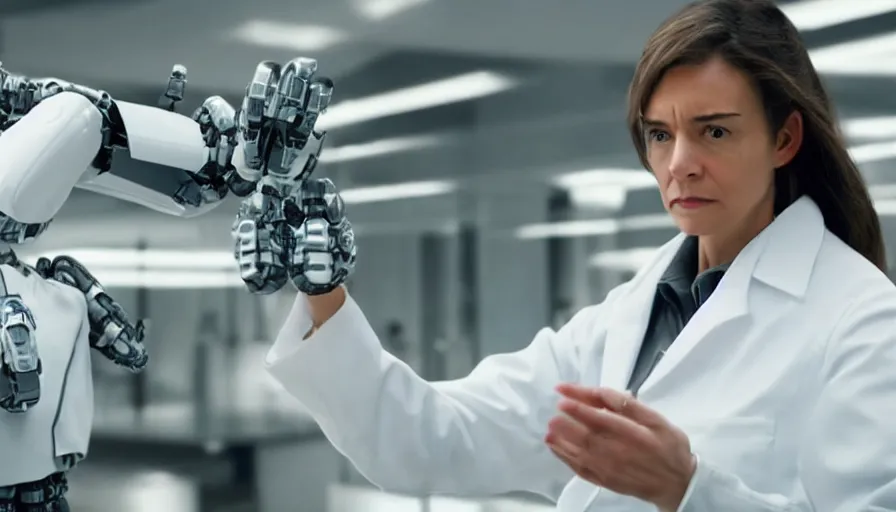 Image similar to big budget action movie about female scientist confronts male ceo about robot photographs