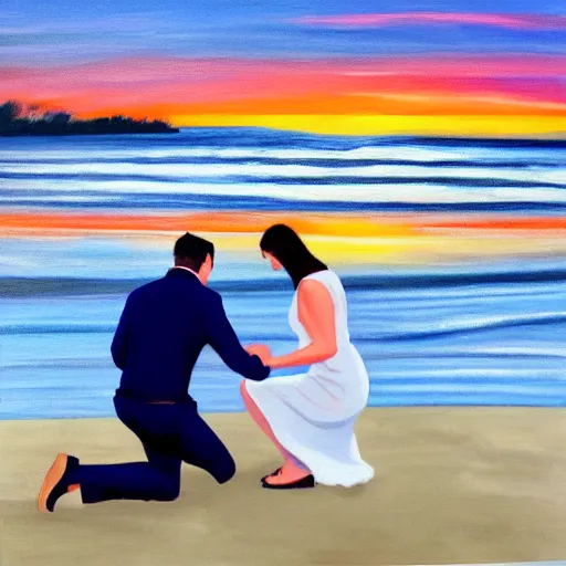 Prompt: man wearing white dress shirt kneeling and proposing to his fiance on a beach with a sunset, acrylic painting,