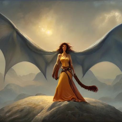 Image similar to a photorealistic painting of a woman and a dragon, a matte painting by christophe vacher, featured on deviantart, fantasy art, matte painting, storybook illustration, 2 d game art. extremely detailed. realism. symmetry. photorealism. award winning masterpiece. octane render. unreal engine.