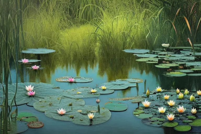 Image similar to pale teal rain beside pond with waterlilies, fantasy, intricate, elegant, dramatic lighting, emotionally evoking symbolic metaphor, highly detailed, lifelike, photorealistic, digital painting, artstation, concept art, smooth, sharp focus, illustration, art by John Collier and Albert Aublet and Krenz Cushart and Artem Demura and Alphonse Mucha