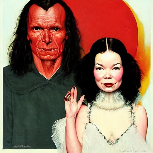 Image similar to a portrait painting of bjork and satan. Painted by Norman Rockwell