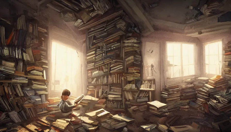 Image similar to Kid reading books sir on the floor of an abandoned attic with an old shelf of books, cobwebs and dust, hyperdetailed, artstation, cgsociety, 8k