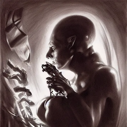 Image similar to lie and tell me things, better things, i can't escape this pain! dream horrifying artwork by nekro, borja, syd mead, zdislaw cosmic horror charcoal artwork, surreal existentialism