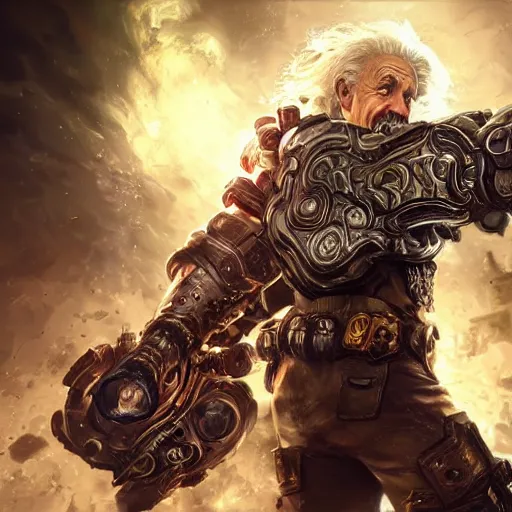 Image similar to Portrait of Albert Einstein, League of Legends amazing splashscreen artwork, Gears of War, splash art,natural light, elegant, photorealistic facial features, intricate, fantasy, detailed face, atmospheric lighting, anamorphic lens flare, cinematic lighting, league of legends splash art, hd wallpaper, ultra high details by Greg rutkowski