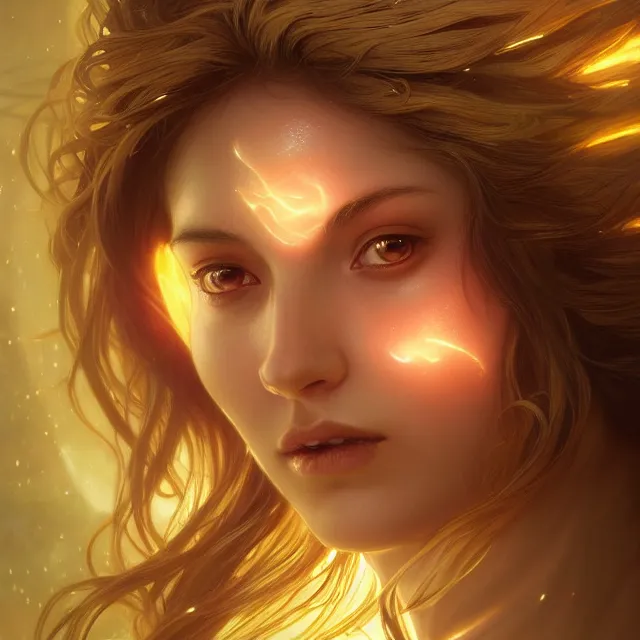 Image similar to close up portrait of a beautiful fantasy female goddess, shiny skin, glowing hair, glowing armor, subsurface scattering, ethereal, artistic, dark glowing background with light rays, fantasy atmosphere. art by artgerm, greg rutkowski and alphonse mucha, highly detailed skin, intricate, lifelike. sci - fi, fantasy, magical, octane render,