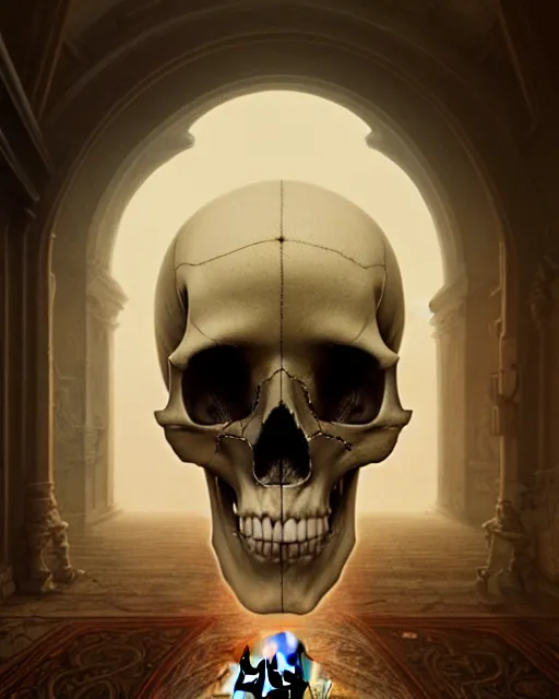 Image similar to highly detailed surreal vfx portrait of a skull in a great hall, stephen bliss, unreal engine, greg rutkowski, loish, rhads, beeple, makoto shinkai and lois van baarle, ilya kuvshinov, rossdraws, tom bagshaw, alphonse mucha, global illumination, detailed and intricate environment