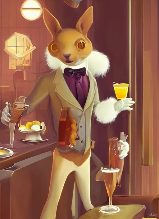 Prompt: squirrel anthro as a dapper bartender with a big, fluffy tail, retro futurism, art deco, detailed, painterly digital art by WLOP and Cory Loftis and Randolph Stanley Hewton, 🐿🍸🍋, furaffinity, trending on artstation