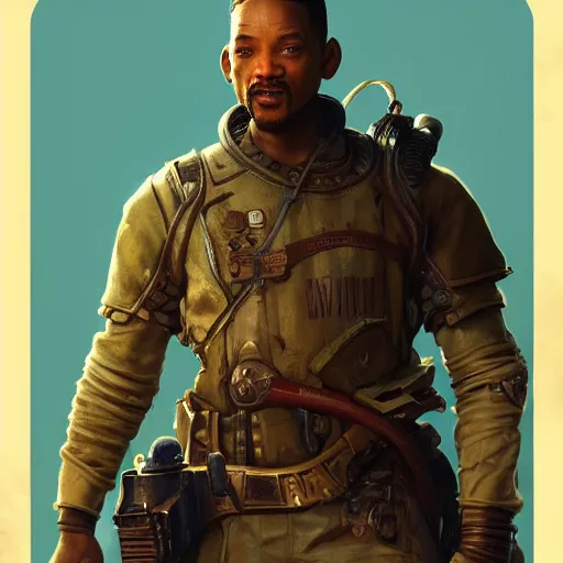 Image similar to Will Smith as a trader character in Fallout 4, gorgeous, beautiful, intricate, highly detailed, digital painting, artstation, oppressive lighting, concept art, sharp focus, illustration, art by greg rutkowski and alphonse mucha