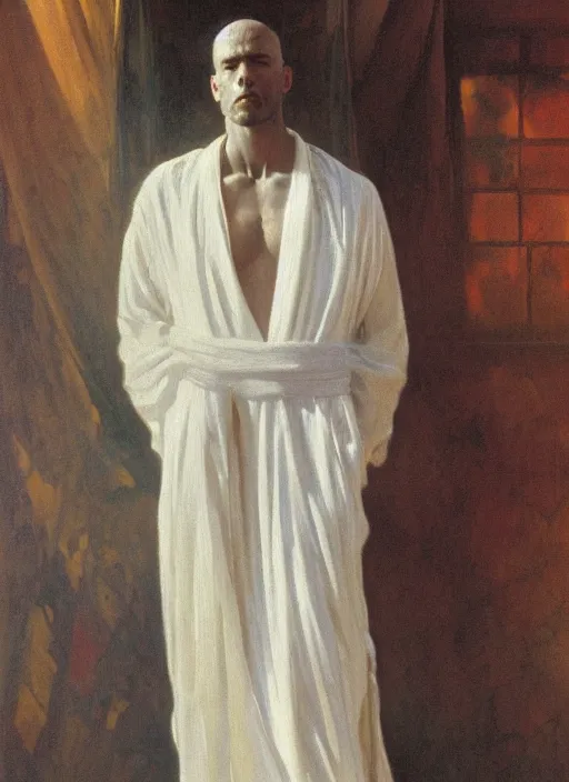 Image similar to an oil painting of a tall person in flowing white robes standing in a hazy, gloomy, dark room, art nouveau in the style of john singer sargent, greg rutkowski, maxfield parrish and alphonse mucha