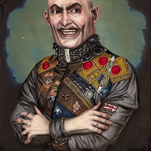 Image similar to 1 9 th century style portrait of a a middle aged half orc with blueish intelligent eyes, wearing a bemused fanged smile on his face. dressed in a patchwork military uniform jacket with cut sleeves, runic arm tattoos, his jacket has many charms and baubles and an upturned collar.