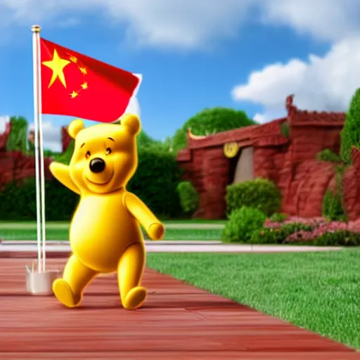 Image similar to photorealistic 3 d render of winnie the pooh saluting the chinese flag