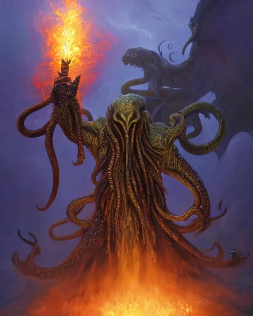 Prompt: oil painting of Cthulhu, wearing intricate fur armor, sharp focus, holding magical fiery Sword, magical aura, heroic pose, fantasy style, octane render, volumetric lighting, 8k high definition, by greg rutkowski, highly detailed, trending on art Station, magic the gathering artwork, magical Battlefield backround, centered