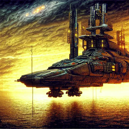 Image similar to cyberpunk battleship hovering, atmospheric lighting, painted, intricate, golden hour, ultra detailed by peter gric, giger, enki bilal