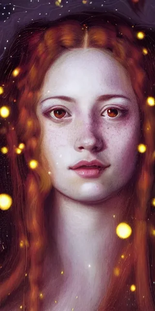 Prompt: infp young woman, smiling amazed, golden fireflies lights, full covering intricate detailed dress, amidst nature, long red hair, accurate linework, green eyes, small nose with freckles, oval shape face, realistic, expressive emotions, dramatic lights, hyper realistic ultrafine art by artemisia gentileschi, caravaggio, jessica rossier, boris vallejo